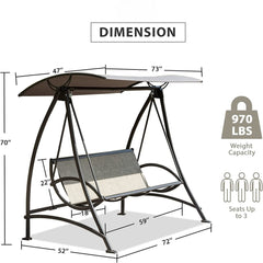 3-Seat Outdoor Porch Swing with Adjustable Canopy and Durable Steel Frame