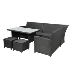 6-Piece Outdoor Sectional Dining Set with Glass Table, Ottomans, Black Rattan