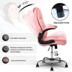 Office Chair Pink Executive Chair PU Leather Home Desk Chair with Flip-up Armrests High Back Ergonomic Swivel Chair with Wheels