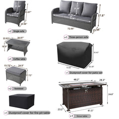6 Pieces Wicker Patio Conversation Set with 48inch Fire Pit Table, Reclining Chairs, Cushions and Furniture Cover
