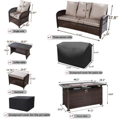 6 Pieces Wicker Patio Conversation Set with 48inch Fire Pit Table, Reclining Chairs, Cushions and Furniture Cover