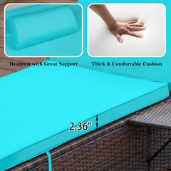 2 Pcs Patio Chaise Lounge Chairs w/ 6 Reclining Positions, Wheels & Small Pillow, Blue Cushion