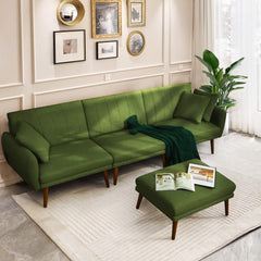 Convertible Sleeper Sectional Sofa Bed, Linen Futon Couch w/ 3-Level Adjustable Backrest, Storage Bag, Ottoman, Green