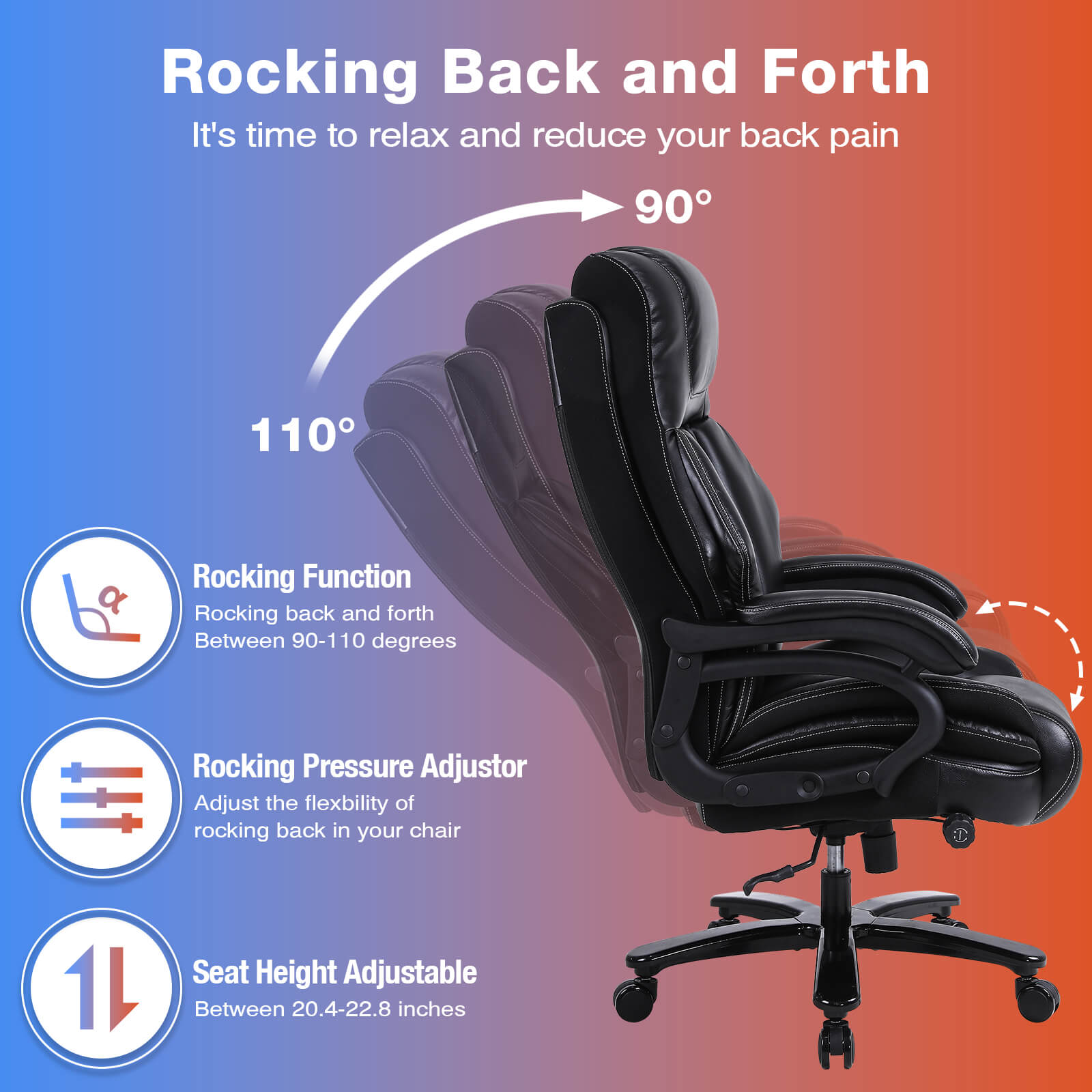 Big and Tall Office Chair 500lbs for Heavy People with Quiet Rubber Wheels High Back Leather Executive Office Chair with Adjustment Lumbar Support