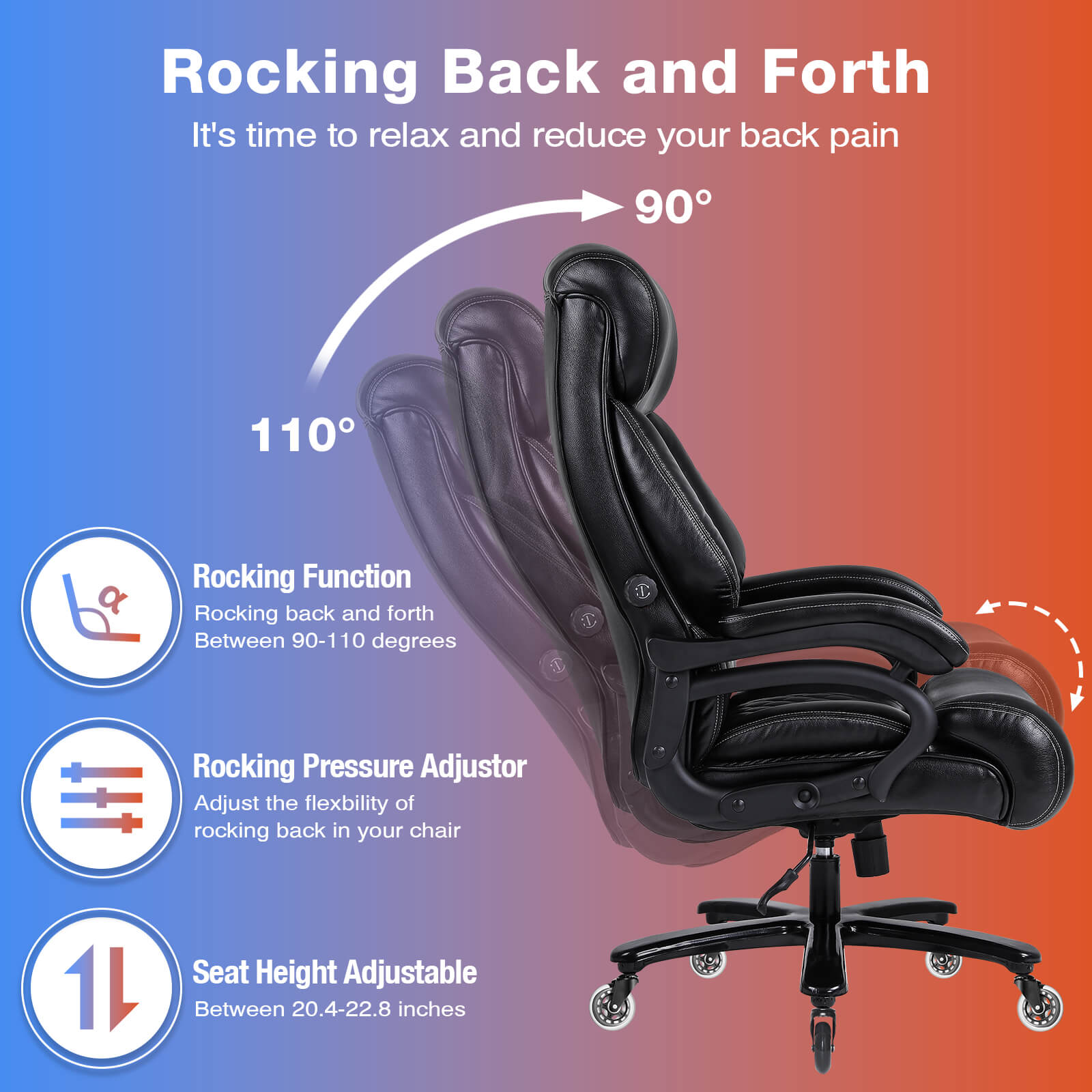 Big and Tall Office Chair 500lbs for Heavy People with Quiet Rubber Wheels High Back Leather Executive Office Chair with Double Adjustment Lumbar Support
