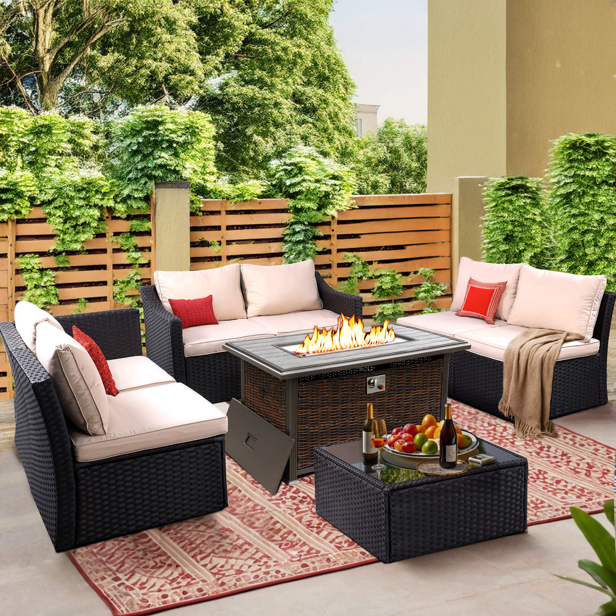 7 Pcs Patio Furniture with 48" Rectangular Fire Pit Table