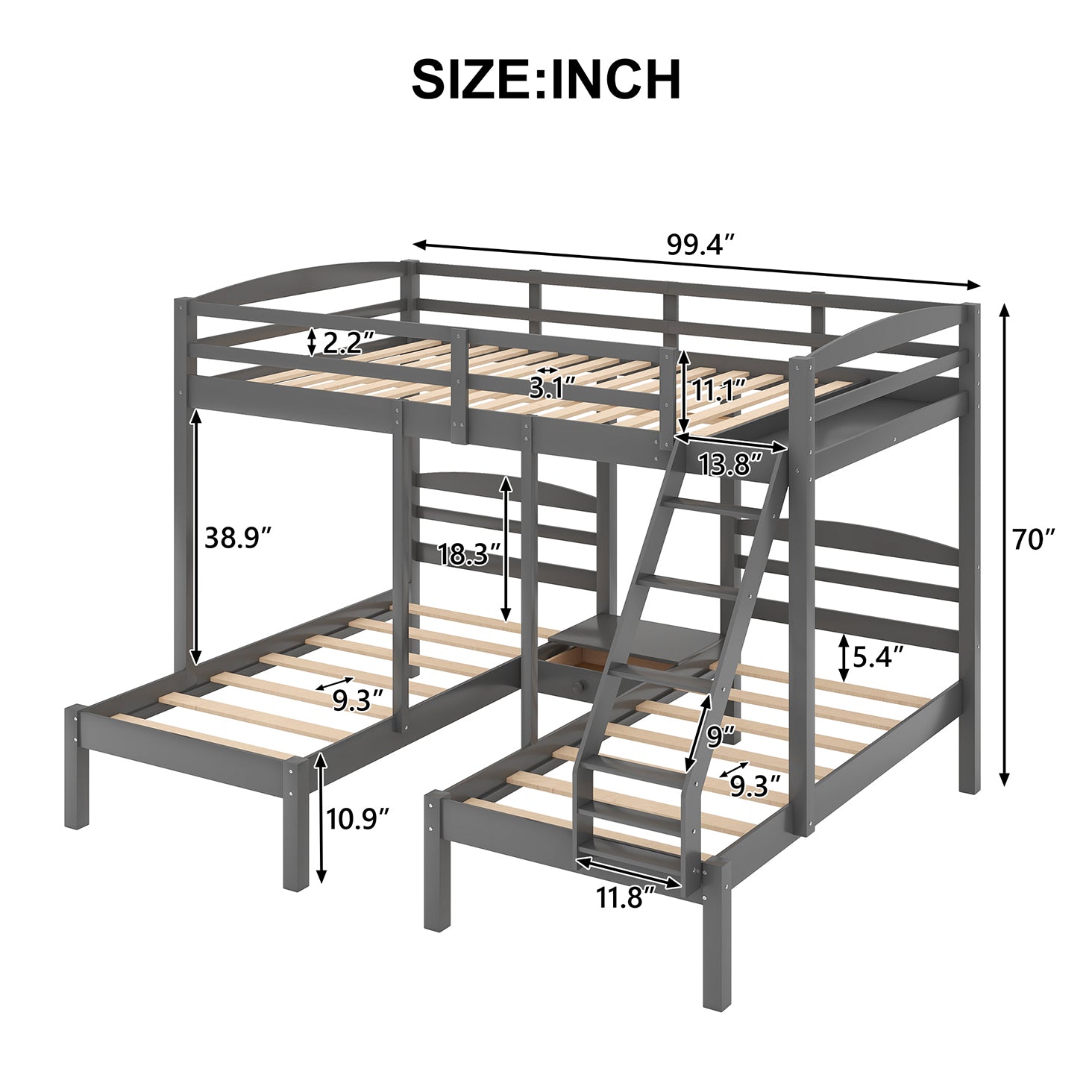 Pine Wood Triple Bunk Bed Full Over Twin & Twin Bunk Bed with Stairs and Drawer for Kids Teens, Gray