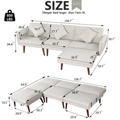 Convertible Sleeper Sectional Sofa Bed, Linen Fabric Futon Couch w/ 3-Level Adjustable Backrest, Storage Bag, Ottoman, White