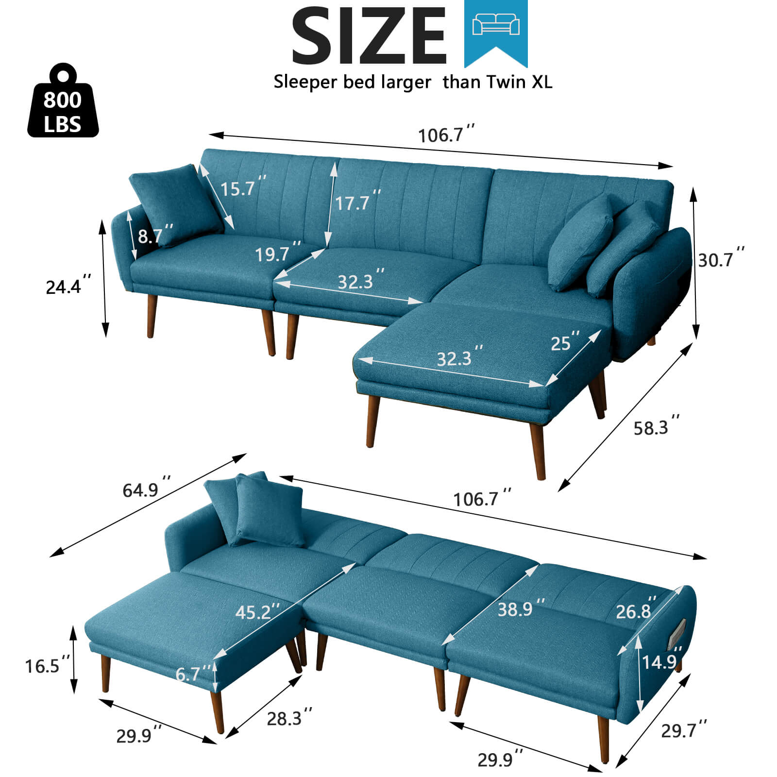 Convertible Sleeper Sectional Sofa Bed, Linen Fabric Futon Couch w/ 3-Level Adjustable Backrest, Storage Bag, Ottoman, Blue