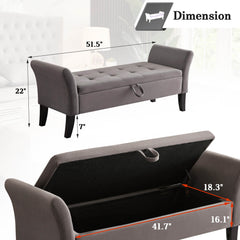 NOBLEMOOD 51.5" Velvet End of Bed Storage Bench with Flip-up Seat Top & Armrest for Bedroom, Grey