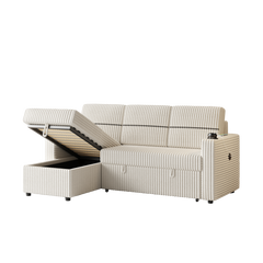 85 Inches Corduroy Sofa Bed, 3 Seater Sleeper Sofa with Storage Chaise, Square Handrail With Two Cup-holder And USB Charge Port, Pull Out Couch for Living Room