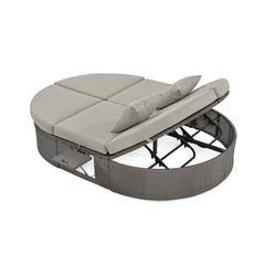 2-Person Daybed with Cushions and Pillows, Rattan Garden Reclining Chaise Lounge with Adjustable Backrests and Foldable Cup Trays, Gray