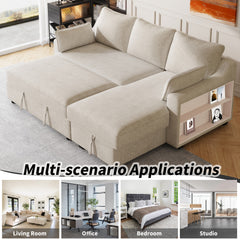 90" Pull Out Sleeper Sofa L-Shaped Couch Convertible Sofa Bed with Storage Chaise, Storage Racks and USB Ports (SG001340AA), Beige