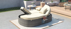 Outdoor Sun Bed Patio 2-Person Daybed with Cushions and Pillows, Rattan Reclining Chaise Lounge with Adjustable Backrests and Foldable Cup Trays, Beige