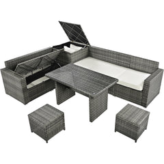 Outdoor 6-Piece All Weather PE Rattan Sofa Set with Adjustable Seat, Storage Box, Removable Covers and Tempered Glass Top Table, Beige