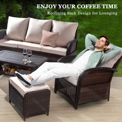 6 Pieces Patio Furniture Set w/ Reclining Chairs, Outdoor Sectional Rattan Conversation Set w/ Ottoman, Coffee Table, Furniture Cover & Khaki Cushions