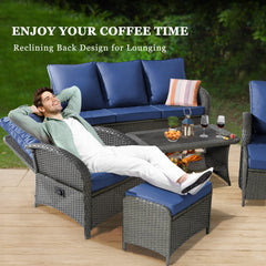 6 Pieces Patio Furniture Set w/ Reclining Chairs, Outdoor Sectional Rattan Conversation Set w/ Ottoman, Coffee Table, Furniture Cover & Blue Cushions