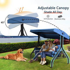 3-Seat Outdoor Porch Swing Chair with Adjustable Canopy, 2 Foldable Side Trays, 3 Cushions & 2 Pillows, Blue