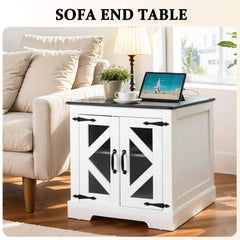 Farmhouse End Table, 24" Large Sofa Side Table with Charging Station, Mesh Barn Door, and Adjustable Storage Shelf, White