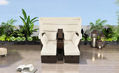 2-Seater Outdoor Double Daybed Patio Loveseat Sofa Set with Foldable Awning and Cushions, Beige