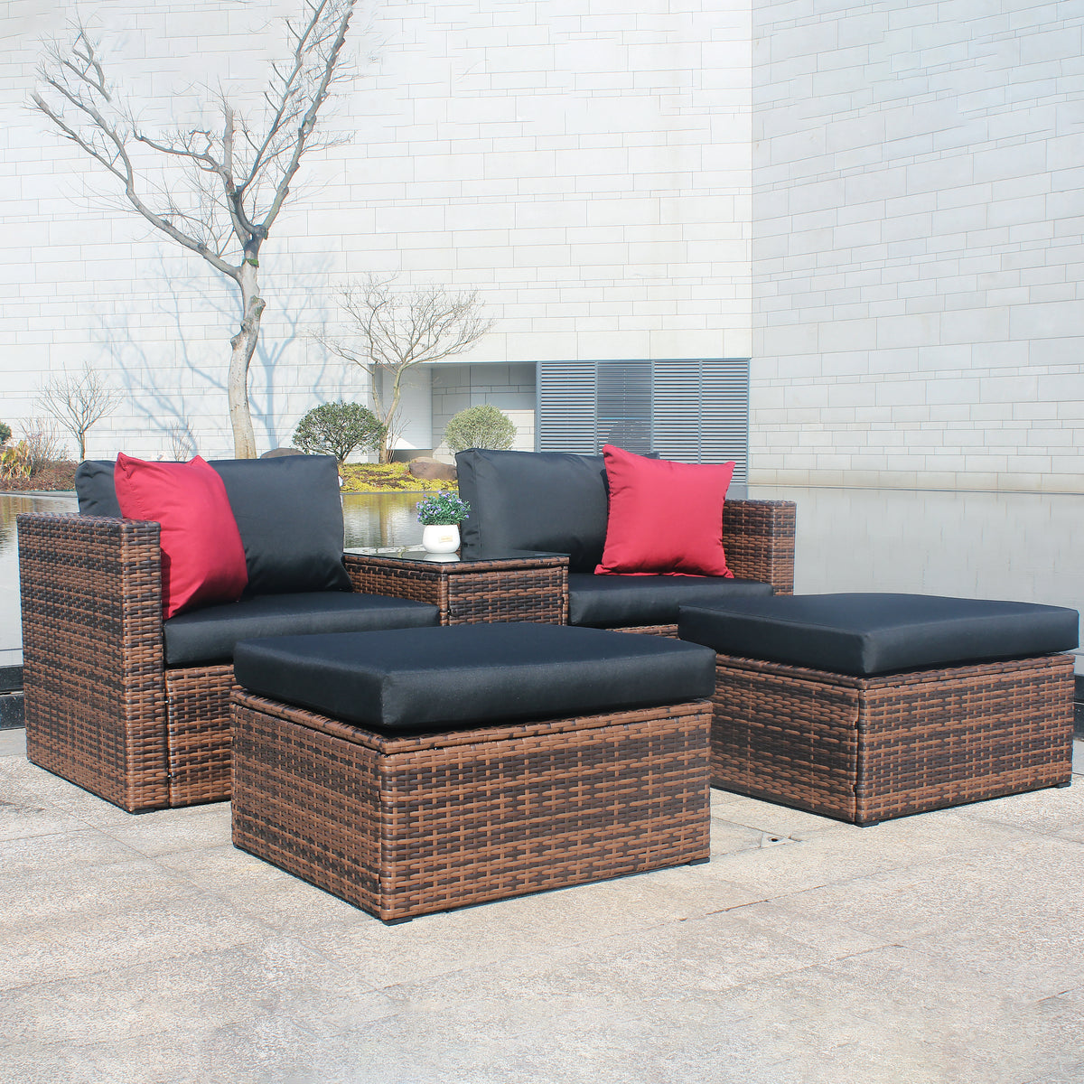 5 Pieces Outdoor Wicker Sectional Conversation Sofa Set with Black Cushions and Red Pillows,w/ Furniture Protection Cover