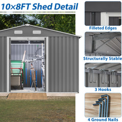 10X8 FT Outdoor Tool Storage Shed with Metal Foundation & Lockable Doors,  All Weather Metal Sheds for Garden, Patio, Backyard, Lawn, Gray