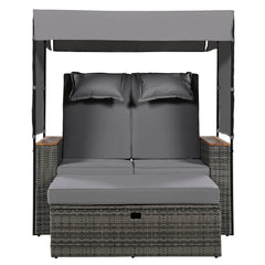 2-Piece Outdoor Rattan Bench Lounge Set, with Canopy, UV Protection Fabric & Waterproof Cushions and Adjustable Backrest