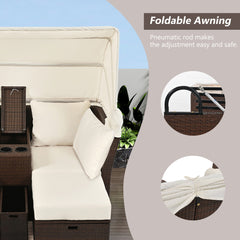 2-Seater Outdoor Double Daybed Patio Loveseat Sofa Set with Foldable Awning and Cushions, Beige