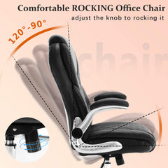Ergonomic Office Chair with Flip-up Armrests and Wheels, Leather Rocking Executive Office Chair with Spring Box Seat Cushion, Black