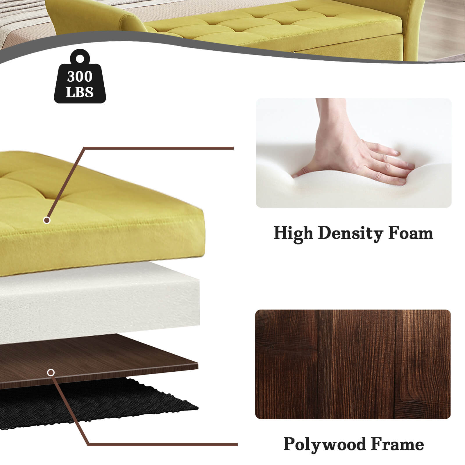 NOBLEMOOD 51.5" End of Bed Storage Bench for Bedroom Living Room, Long Sofa Storage Ottoman with Armrests & Wood Legs