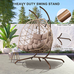 2-Person Indoor Outdoor Egg Hanging Chair with Stand, Patio Wicker Swing Egg Chair with Cushions & Neck Pillows