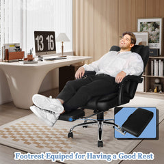 6-Point Massage Heating Office Chair with Infinite Reclining Backrest, Retractable Footrest, Black