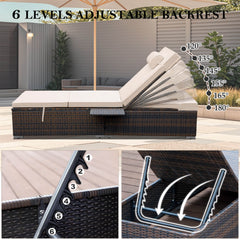 2 Pcs Patio Chaise Lounge Chairs w/ 6 Reclining Positions, Wheels & Small Pillow, Khaki Cushion