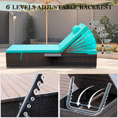2 Pcs Patio Chaise Lounge Chairs w/ 6 Reclining Positions, Wheels & Small Pillow, Blue Cushion