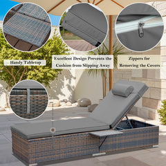2 Pcs Patio Chaise Lounge Chairs w/ 6 Reclining Positions, Wheels & Small Pillow, Gray Cushion