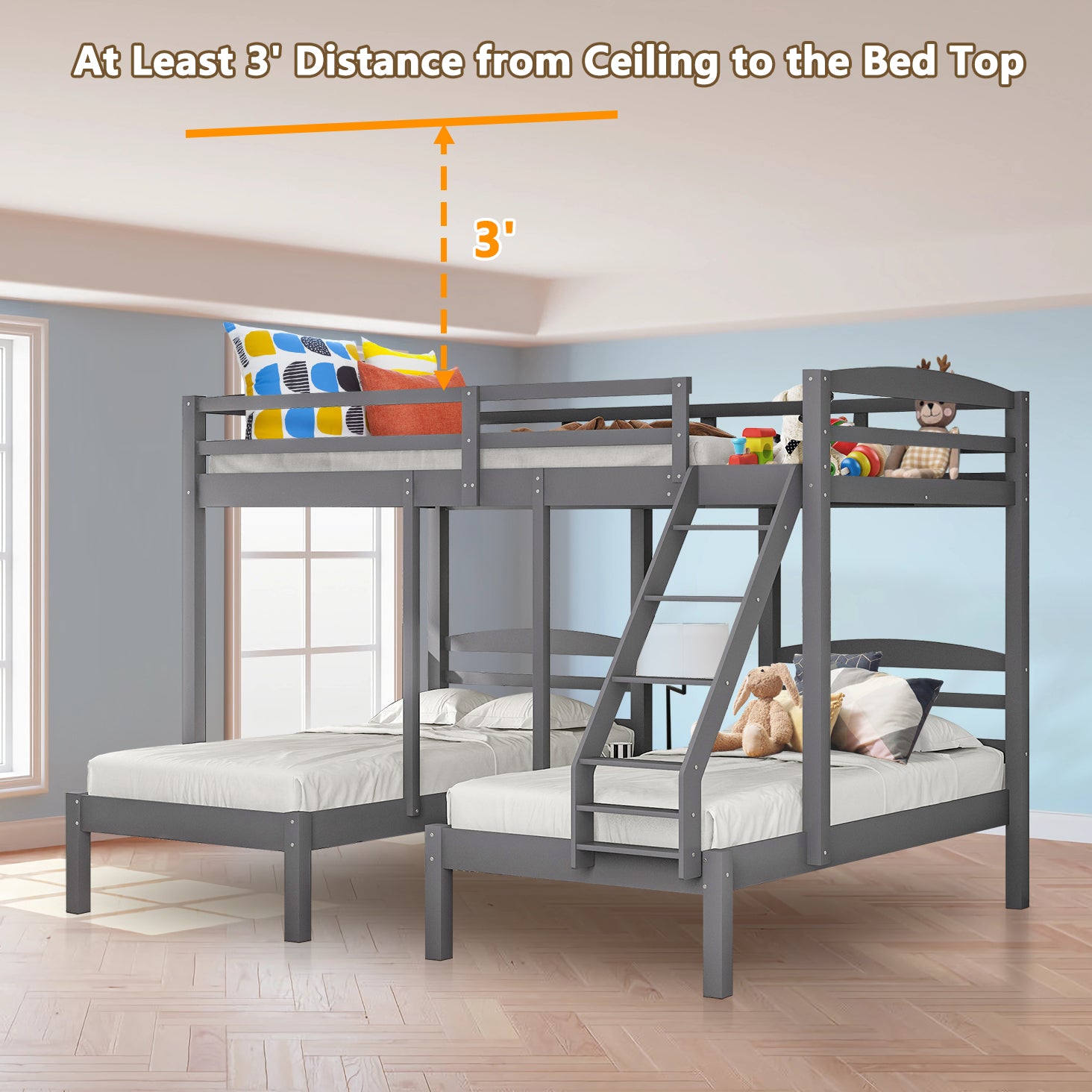Pine Wood Triple Bunk Bed Full Over Twin & Twin Bunk Bed with Stairs and Drawer for Kids Teens, Gray