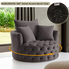 NOBLEMOOD Velvet Swivel Accent Barrel Chair with Button Tuefted and 3 Pillows for Living Room Bedroom, Grey