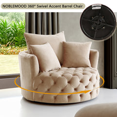 NOBLEMOOD Velvet Swivel Accent Barrel Chair with Button Tuefted and 3 Pillows for Living Room Bedroom, Khaki