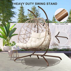 2-Person Indoor Outdoor Egg Hanging Chair with Stand, Patio Wicker Swing Egg Chair with Cushions & Neck Pillows