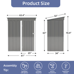 5*3FT Outdoor Storage Shed ,Tool Shed with Sloping Roof and Lockable Door,Metal Shed, Grey