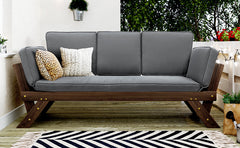 Outdoor Adjustable Patio Wooden Daybed Sofa Chaise Lounge with Cushions, Brown Finish+Gray Cushion