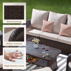 6 Pieces Patio Furniture Set w/ Reclining Chairs, Outdoor Sectional Rattan Conversation Set w/ Ottoman, Coffee Table, Furniture Cover & Khaki Cushions