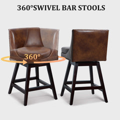 26” Counter Height Bar Stools Set of 2, Upholstered Island Chairs Stool Bar Chairs with 360° Swivel, Brown Leather