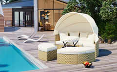 Outdoor Sectional Sofa Set Rattan Daybed with Retractable Canopy, Separate Seating and Cushion, Beige