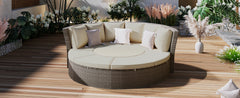 5-Piece Round Rattan Sectional Sofa Set All-Weather Sunbed Daybed with Round Liftable Table and Cushions, Gray