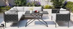 5-Piece Modern Patio Sectional Sofa Set Outdoor Woven Rope Furniture Set with Glass Table and Cushions, Black+Gray