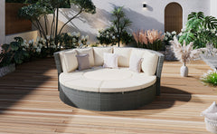5-Piece Round Rattan Sectional Sofa Set All-Weather Sunbed Daybed with Round Liftable Table and Cushions, Beige