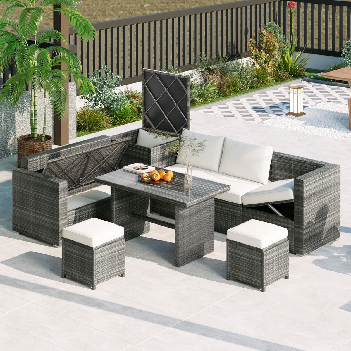 Outdoor 6-Piece All Weather PE Rattan Sofa Set with Adjustable Seat, Storage Box, Removable Covers and Tempered Glass Top Table, Beige