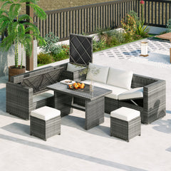 Outdoor 6-Piece All Weather PE Rattan Sofa Set with Adjustable Seat, Storage Box, Removable Covers and Tempered Glass Top Table, Beige