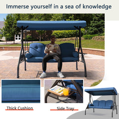 3-Seat Outdoor Porch Swing Chair with Adjustable Canopy, 2 Foldable Side Trays, 3 Cushions & 2 Pillows, Blue